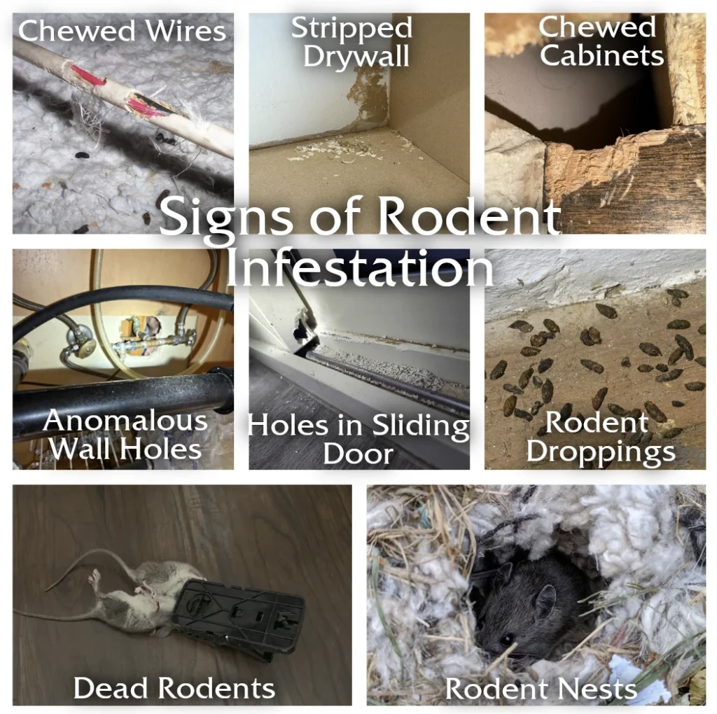 Signs of rodent activity including droppings and gnaw marks